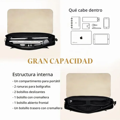 Vista 4 de ECOSUSI Bolsa de mensajero de cuero vegano para mujer, maletín de moda, bolso de mano para computadora Negro