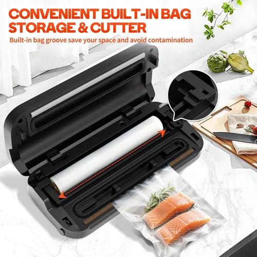 Vista 2 de Máquina selladora al vacío, sellador al vacío de 95 Kpa para alimentos con almacenamiento de bolsas y cortador integrado, máquina selladora al vacío