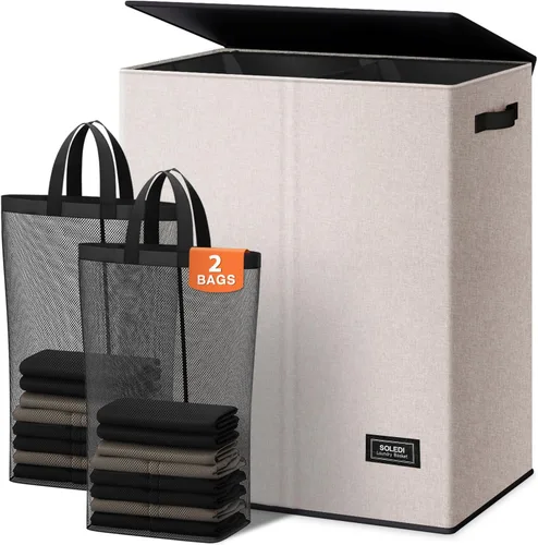Vista 14 de SOLEDI Cesta de lavandería grande doble con tapa, cesta de ropa plegable de 2 secciones con bolsas extraíbles, cesta de lavandería que ahorra