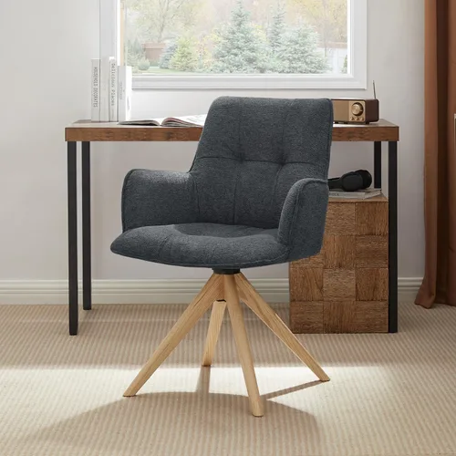 Vista 10 de Zouron Silla de escritorio giratoria sin ruedas, silla de oficina tapizada con patas de madera de roble, sillón moderno para espacios pequeños