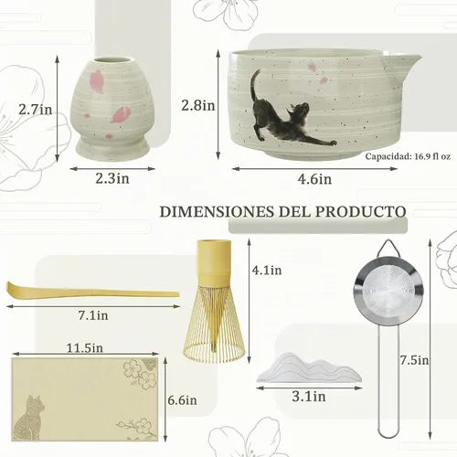 Vista 6 de Juego completo de 8 piezas de matcha – Kit de ceremonia de té matcha japonés con cuenco con estampado de gato, accesorios de bambú y herramientas