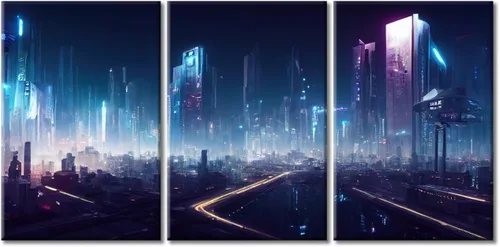Vista 67 de Cuadros de 3 paneles de Cyberpunk City - Arte de pared de vallas publicitarias de edificios modernos en la capital con obras de arte modernas