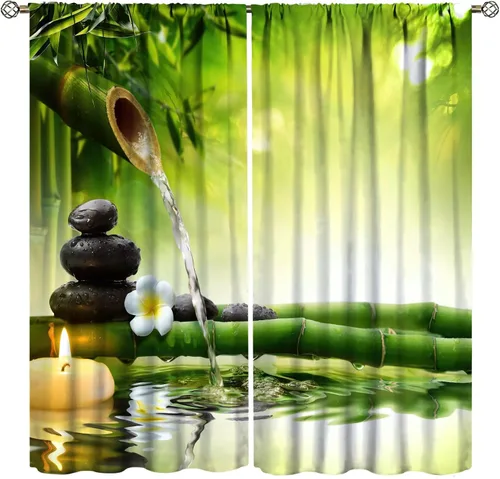 Vista 15 de Cortinas con estampado de bambú verde natural, plantas asiáticas, japonesas, tallos rústicos, hojas, cortina de selva con bolsillo para cortinero