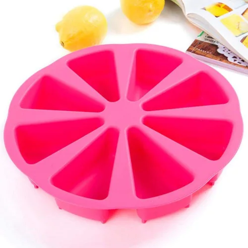 Vista 5 de Molde redondo de silicona con forma de triángulo de 8 cavidades, molde redondo de silicona para tartas, porciones de grado alimenticio, postre