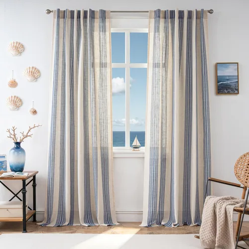Vista 50 de DriftAway Cortinas de estilo granja con rayas verticales de lino mezclado texturizado con filtro de luz semitransparente para sala de estar