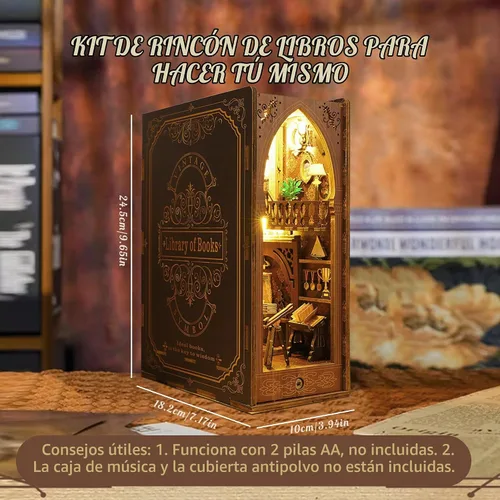 Vista 5 de Kit de Rincón de Libros, MOJINO Rompecabezas 3D en Miniatura DIY Sujetalibros de Madera Casa de Muñecas con Luces LED para Decoración de Estantería