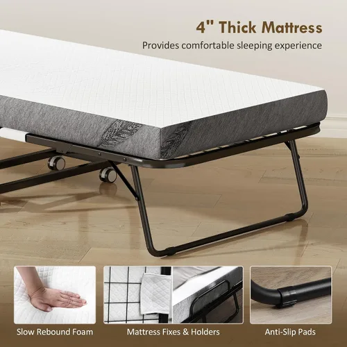 Vista 5 de HOMCOM Cama plegable con colchón para adultos, tamaño individual largo, cama plegable portátil con colchón de espuma de 4 pulgadas y marco de acero