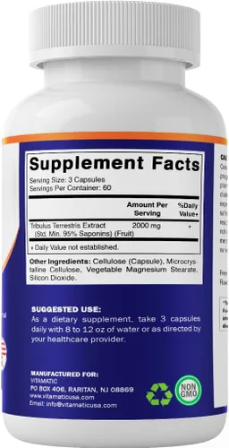 Vista 8 de Vitamatic Tribulus Terrestris para hombres, 2000 mg por porción, 95% de saponinas, 180 cápsulas vegetales, fabricadas en los Estados Unidos, sin