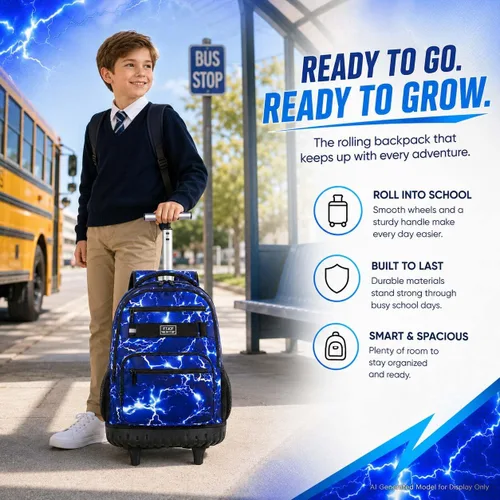 Vista 7 de Mochila con ruedas para niños, bolsa de libros con ruedas para hombres Azul