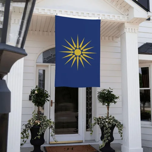 Vista 9 de Bandera de Macedonia griega de doble cara de poliéster de 3 x 5 pies, azul, blanco, amarillo, resistente a los rayos UV, resistente a