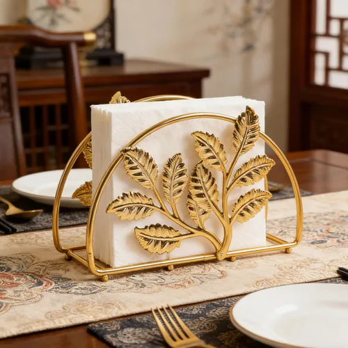 Vista 6 de Servilletero de metal dorado con diseño de hojas, soporte dispensador de pañuelos compacto para cocina, mesa de comedor, restaurante y uso en fiestas
