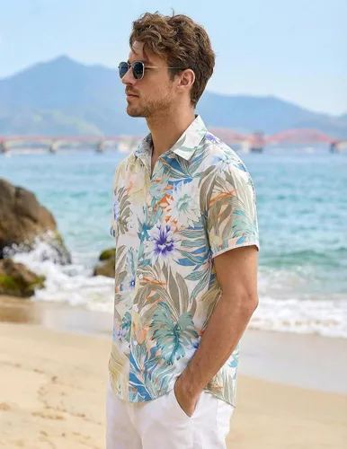 Vista 3 de ZAFUL Camisa hawaiana de manga corta con botones para hombre, estilo casual, tropical, floral, para verano, playa, vacaciones, polo 0_PAT2