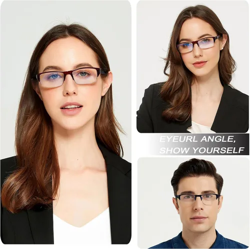 Vista 6 de EYEURL Paquete de 4 lentes de lectura con luz azul de medio marco para hombres, lectores rectangulares sin montura para mujeres, lentes de bisagra