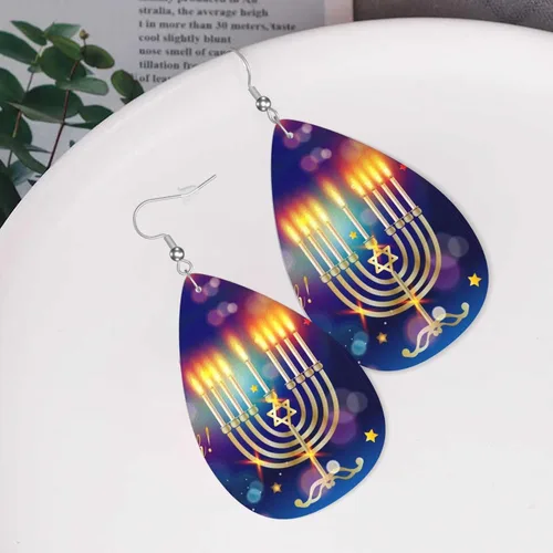 Vista 8 de Happy Hanukkah Jewish Janucah Holiday - Aretes de cuero con forma de lágrima de doble cara para mujeres y niñas, decoración colgante, regalo