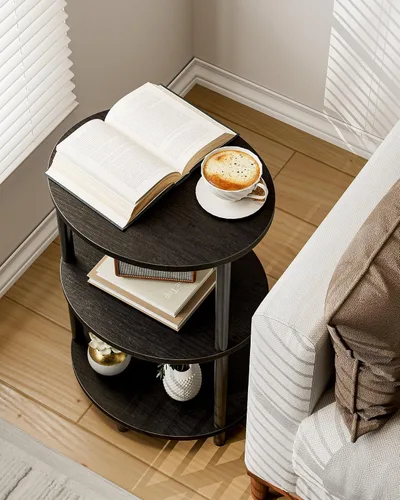 Vista 4 de Mesa auxiliar redonda pequeña – Mesa decorativa ovalada de 3 niveles para espacios pequeños, mesa auxiliar de sofá de madera rústica y metal, mesita