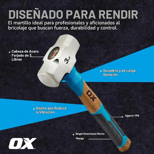 Vista 3 de OX Tools Pro Series - Martillo para enmarcar California de 3 libras, martillo de garra recta de cara fresada con cabeza de acero forjado y mango
