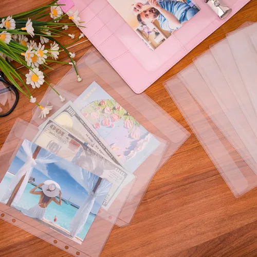 Vista 7 de Antner 12 piezas de bolsillos para carpeta A5 sin cierre, sobres transparentes de PVC sin cierre con 6 agujeros, insertos para planificador