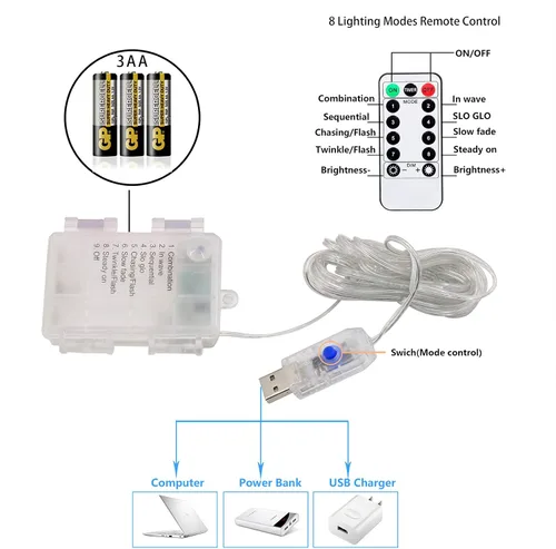 Vista 6 de Luces de Cadena Arcoíris 40 LED Luces de Hadas Decorativas para Interiores y Exteriores 8 Modos USB y Pilas 13 pies Luces Centelleantes con Control