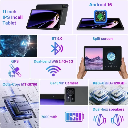 Vista 2 de Tablet Android 16 de 11 pulgadas, 16 GB + 128 GB, tabletas 2 en 1 con teclado MTK8786 Octa-Core Processor, 1TB Expand, 21MP Camera, 7000mAh