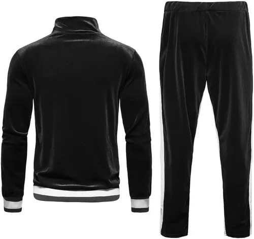 Vista 3 de KISSQIQI Chándal de 2 piezas con cremallera completa para hombre, trajes deportivos de terciopelo dorado, trajes casuales, chaqueta y pantalones