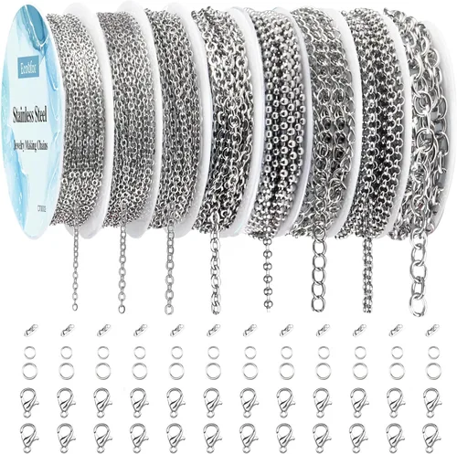Vista 10 de Ecoofor Cadenas de collar de oro para hacer joyas, 62.3 pies, 8 rollos de cadenas de joyería para hacer collares, pulseras y joyas con anillos