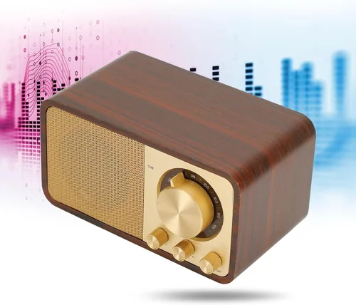 Vista 9 de Altavoz BT de madera retro vintage, radio AM FM portátil recargable con reproducción AUX/USB/TF, radio retro recargable para cafeterías