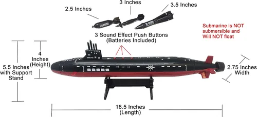 Vista 2 de Submarino negro de juguete de 16.5 pulgadas con efectos de sonido y torpedo Efectos de sonido, Torpedo