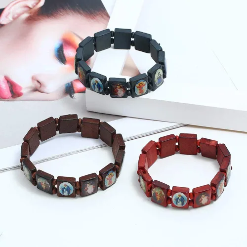 Vista 5 de yantu Pulsera elástica de panel pequeño de madera extraíble con imágenes de santos religiosos, Jesús y rosario, Madera