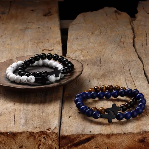 Vista 4 de sailimue 8 pulseras de cuentas cruzadas para mujeres y hombres, 0.315in, ojo de tigre, piedra de lava, piedra de roca de lava, elástica, juego