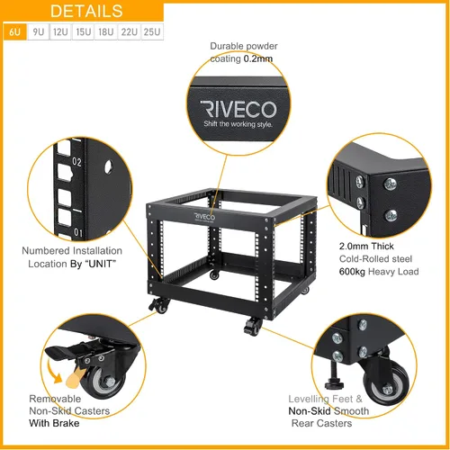 Vista 4 de RIVECO Estante de servidor de marco abierto de 6U con ruedas: montaje rápido de 4 postes para uso pesado, soporte de 19 pulgadas, gabinete de 600 KG