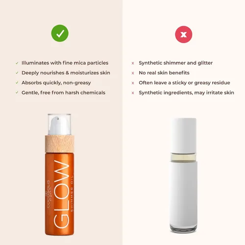 Vista 3 de COCOSOLIS GLOW Shimmer Oil Aceite seco natural iluminador con partículas brillantes Deja la piel brillante y mejora un bronceado dorado Da una