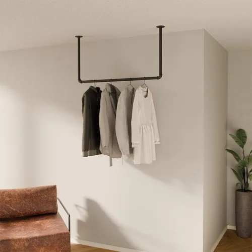 Vista 2 de pamo Perchero montado en el techo, negro, 41 x 21 pulgadas, capacidad de 55 libras, barra colgante para armario para inquilinos, perchero industrial
