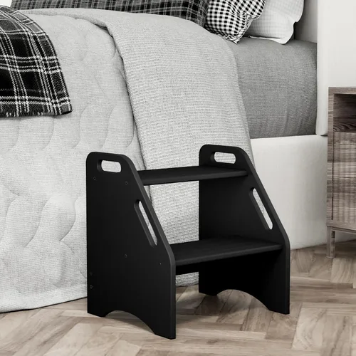 Vista 16 de AMBIRD Taburete de madera – Capacidad de dos pasos de 300 libras con almohadillas antideslizantes de seguridad y asas, bambú para baño, cocina Negro