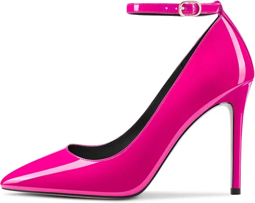 Vista 2 de DearOnly Zapatos de tacón para mujer, punta puntiaguda, correa de tobillo, tacón alto, charol de 4 pulgadas