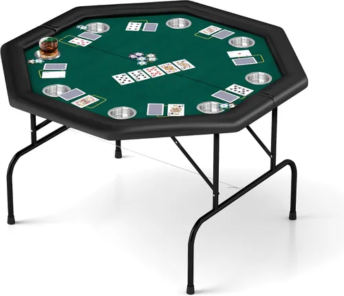 Vista 8 de Mesa de póquer plegable, mesa de cartas octágono con soporte para tazas, mesa de ocio de casino, mesa de póquer Texas Hold 'Em plegable para juego