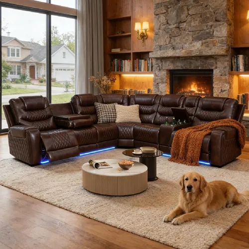 Vista 38 de Juego de sofá seccional reclinable de cuero, sofá seccional con 4 sillones reclinables Juegos de muebles de sala con 3 reclinables, luz LED