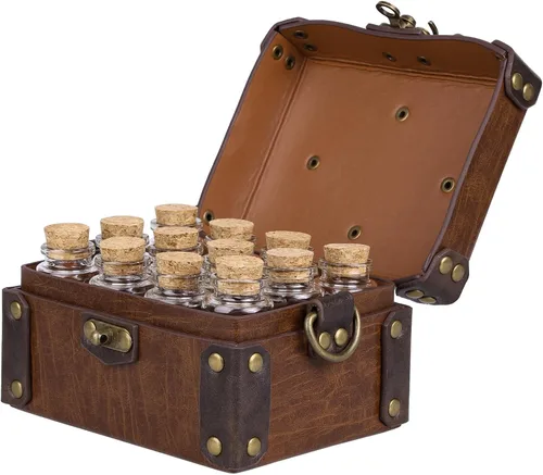 Vista 7 de HiiFeuer Caja medieval de alquimia de piel sintética con 12 viales de poción de corcho, bolsa cruzada portátil de fantasía, soporte para joyas