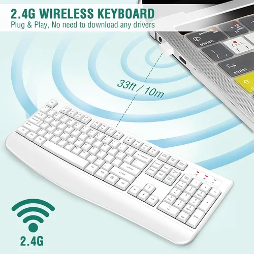 Vista 3 de EDJO Teclado inalámbrico, 2.4G ergonómico de tamaño completo, teclado inalámbrico de computadora con reposamuñecas para Windows, Mac