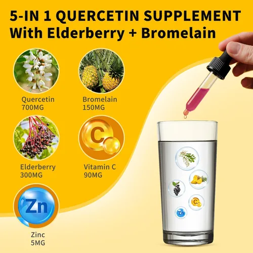 Vista 3 de Quercetina liposomal con gotas líquidas de bromelina para Kis & Aldult- mayor absorción, suplementos de quercetina 700 mg con bromelina saúco zinc