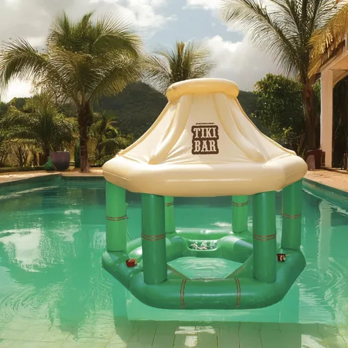 Vista 7 de 7.5' crema y verde tropical piscina inflable flotante Tiki Bar
