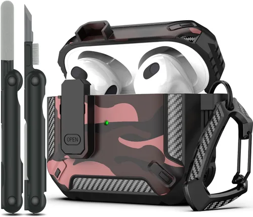 Vista 8 de RFUNGUANGO Funda para AirPod de 2ª generación con kit de limpieza, armadura protectora de carcasa dura militar con bloqueo para funda de carga