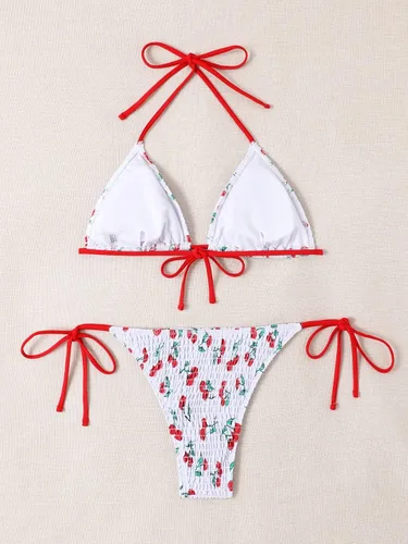 Vista 2 de WDIRARA Conjunto de bikini halter con lazo lateral para mujer, traje de baño de dos piezas con cuello en V y lazo en la espalda