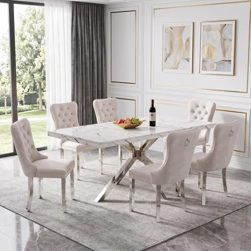 Vista 13 de Henf Mesa de comedor de mármol sintético blanco de 70 pulgadas para 4-6 personas, mesa de cocina rectangular moderna con mesa de mármol sintético