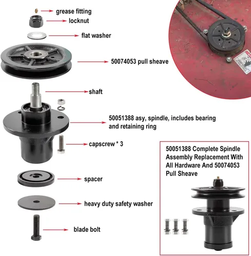 Vista 4 de Kit completo de ensamblaje de eje 50051388, piezas de repuesto y polea de tracción 50074053 con todos los accesorios. Compatible con Bush Hog RDTH