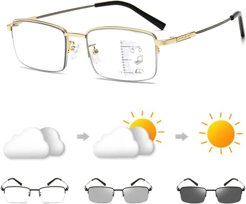 Vista 8 de Gafas de lectura fotocromáticas progresivas multifocal, bloqueo de luz azul, rectangular, marco de metal, bloqueo UV, lectores solares AM10 Negro