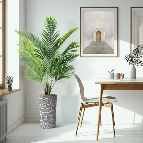Vista 6 de Árbol artificial en maceta con patrón geométrico contemporáneo, palmera tropical areca artificial de seda para decoración del hogar en interiores
