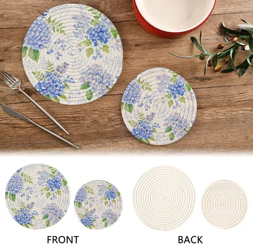 Vista 4 de susiyo Juego de 2 soportes para ollas de hortensias azules, juego de 2 soportes calientes de algodón para cocinar
