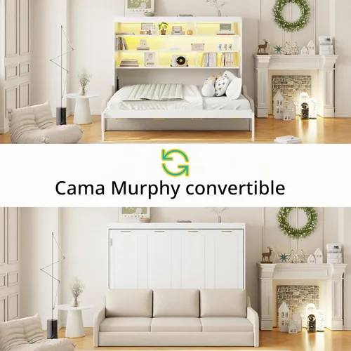 Vista 3 de MERITLINE Cama Murphy horizontal completa con sofá y estantes de almacenamiento, luz LED, madera maciza que ahorra espacio, cama de pared Murphy