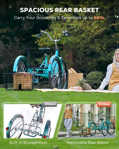 Vista 4 de VIRIBUS Triciclo plegable para adultos, triciclo plegable de 7 velocidades para adultos con cesta con ruedas extraíble, bicicletas plegables de 3