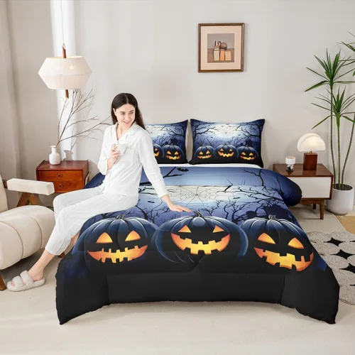 Vista 2 de Juego de ropa de cama con diseño de araña fantasma, tamaño individual, para niños y niñas, con temática de truco o trato, juego de edredón de feliz